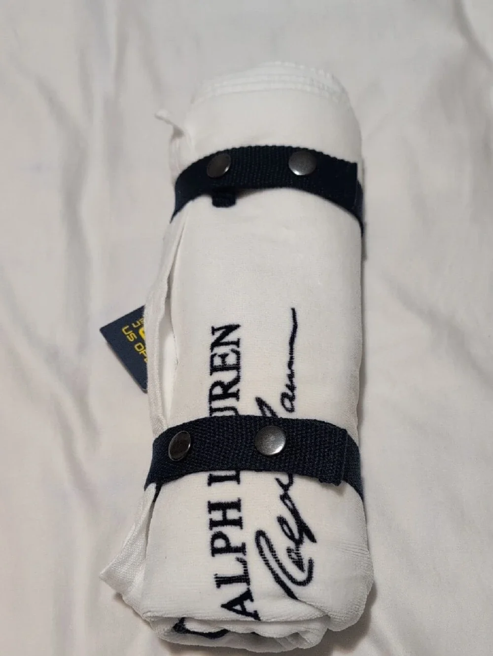Ralph Lauren White Towel with Embroidered Tennis Bear in Navy and Orange